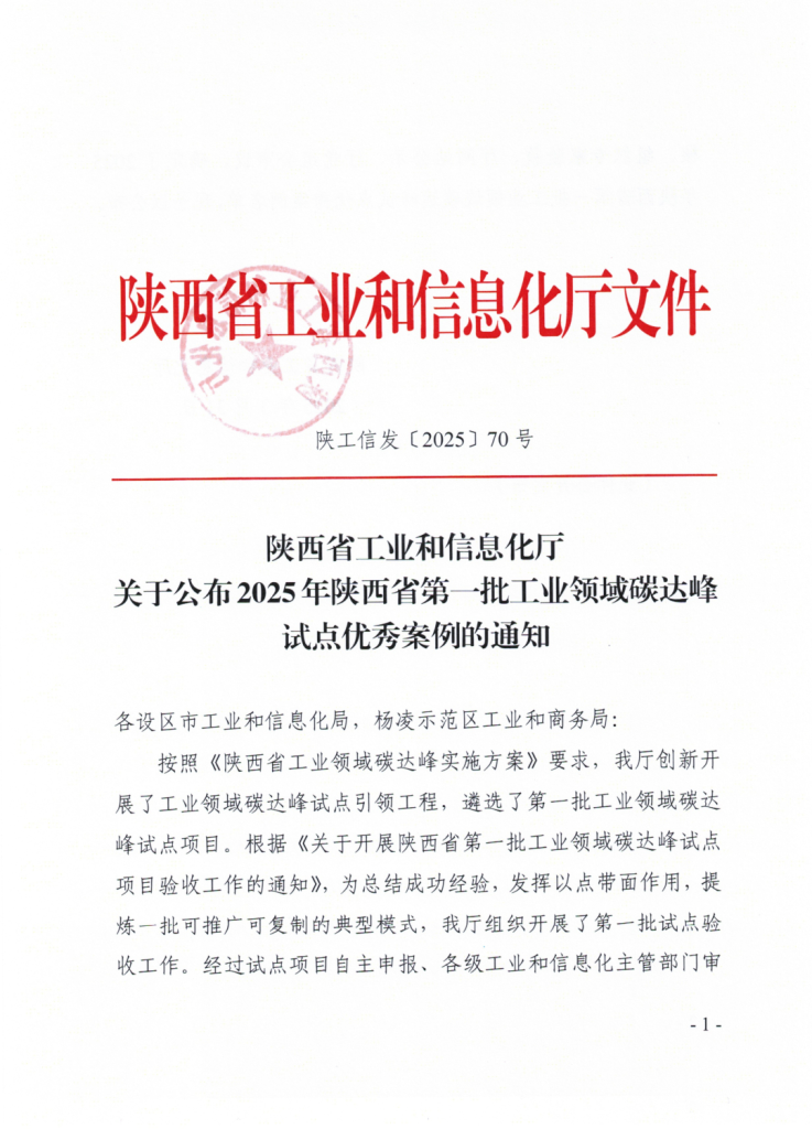 喜讯！一德获选 2025 年陕西省第一批工业领域碳达峰试点优秀案例（images 1）